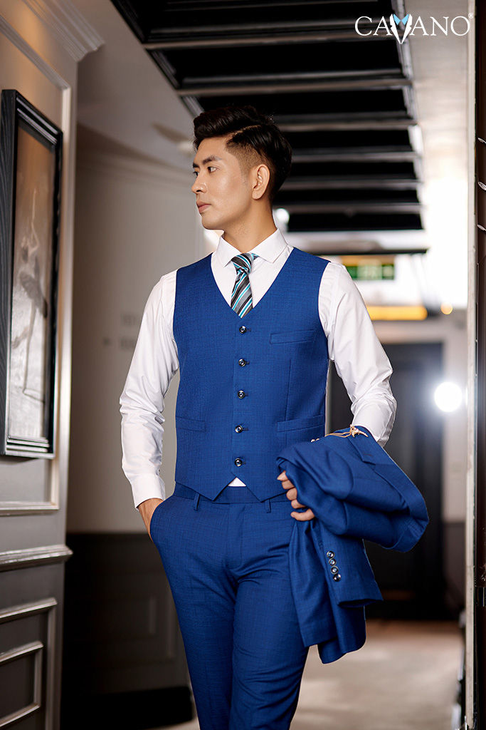Vest nam màu xanh navy vân xước mới - 845
