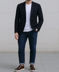 Vest tối màu kết hợp cùng áo phông và jeans — tổng thể trang phục toát lên vẻ lịch lãm nhưng vẫn thoải mái và dễ chịu